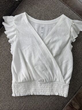 GAP White Smocked Waist Flutter Sleeve Wrap Crop Top